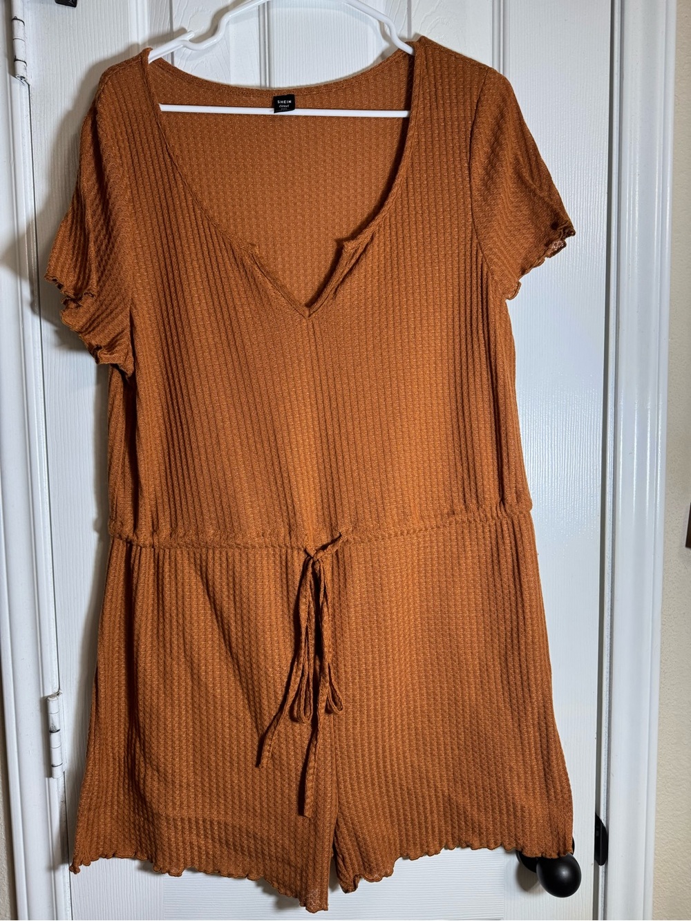 Rust Waffle-Knit Short Sleeve Romper